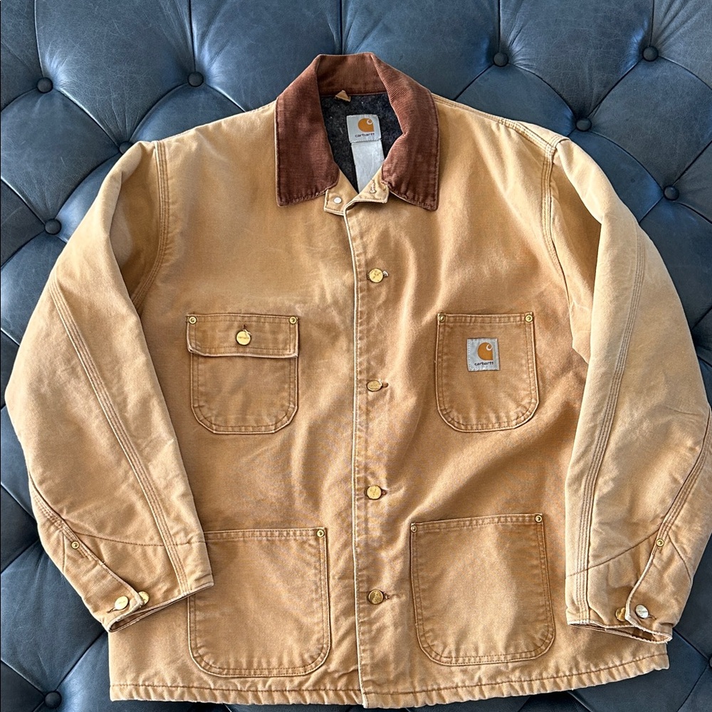 Vintage Carhartt Tan blanket lined Field Jacket with Brown Collar XL